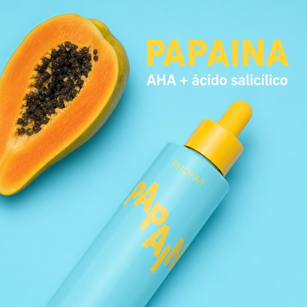 Papaína con AHA y ácido salicílico junto a media papaya